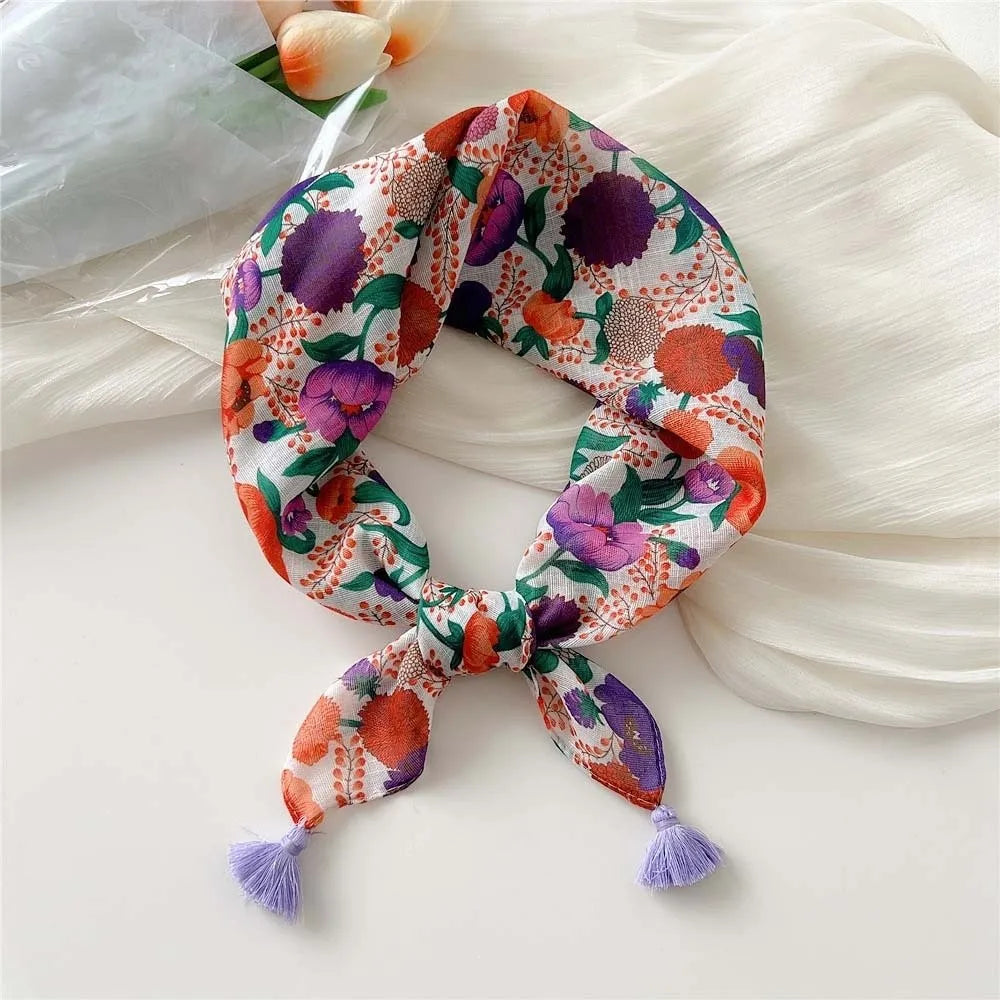 Neck Wrap Cotton-linen Square Scarf Fringed Breathable Hair Bandana Qme Style 2