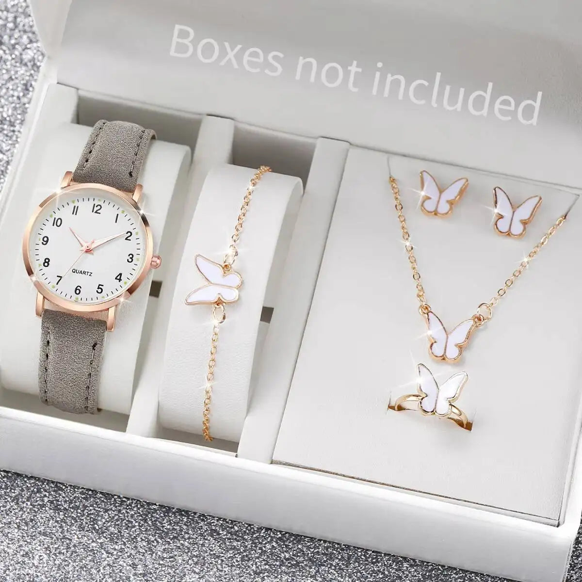 6 Pieces Women's Fashion Watch Arabic Dial Leather Bracelet Quartz Watches Butterfly Jewelry Set (Without Box) Qme Grey