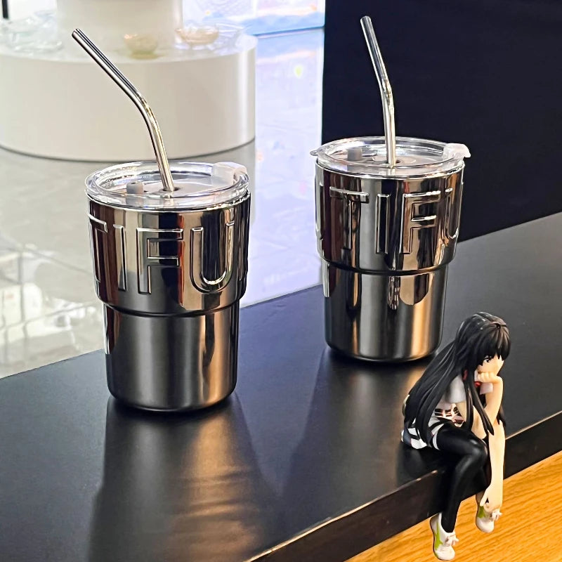 Lid-equipped Glass Mirrored Straw Coffee Cup Qme Clear