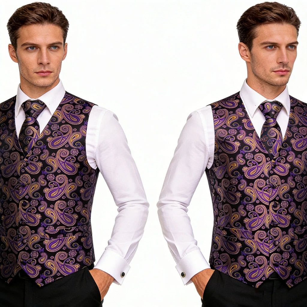 Mens Purple Suit Vest Tie Hanky Cufflinks Set Jacquard Floral Paisley Waistcoat Sleeveless Jacket for Male Wedding Busniess Qme