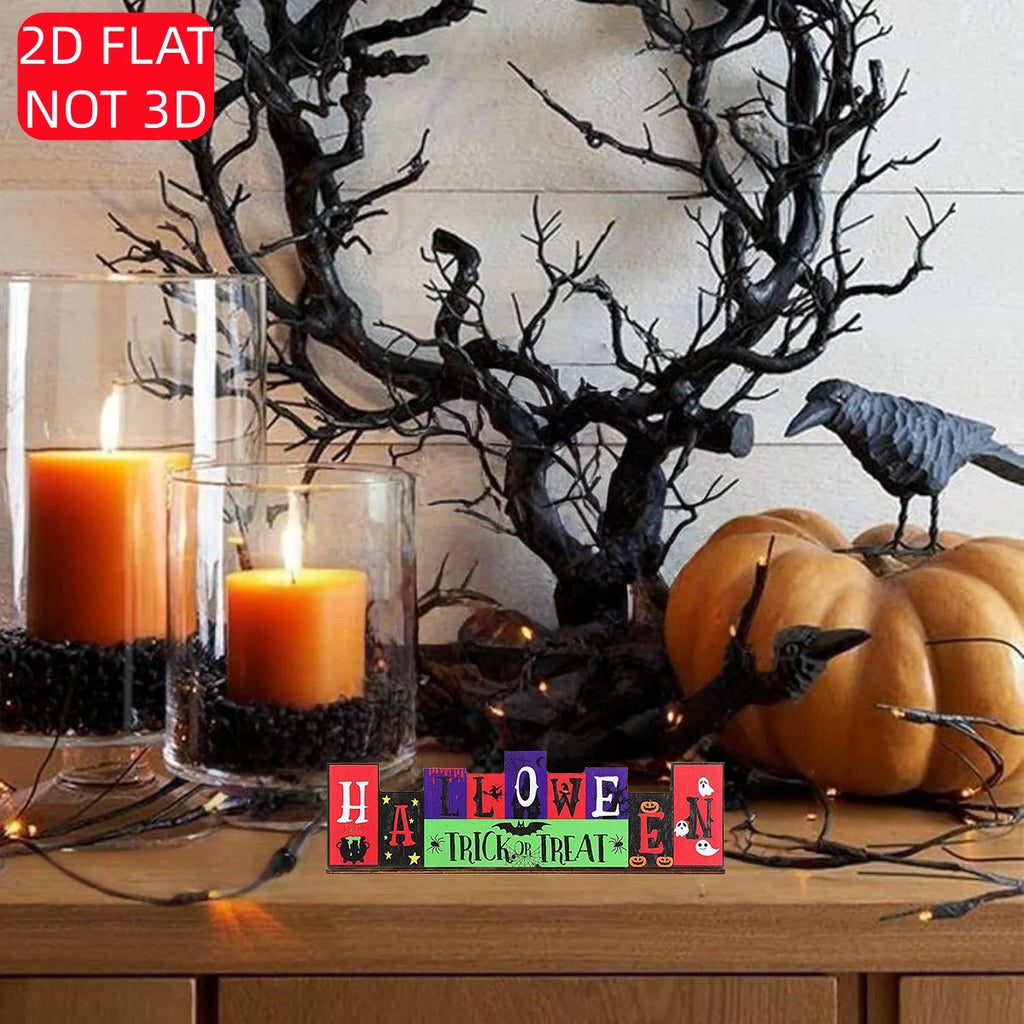 2D Flat Halloween Wooden Sign - "Halloween Trick or Treat" Decor with Ghosts, Pumpkins, Bats, Spiders & Cauldron Qme