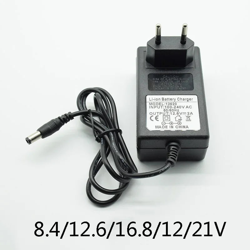 ESCAM Adapter DC 8.4V 12.6V 2A 16.8V 2A 21V 1A Power Supply Charger EU Plug 5.5mm * 2.5mm(2.1mm) 100-240V Battery Qme 12.6V 2A