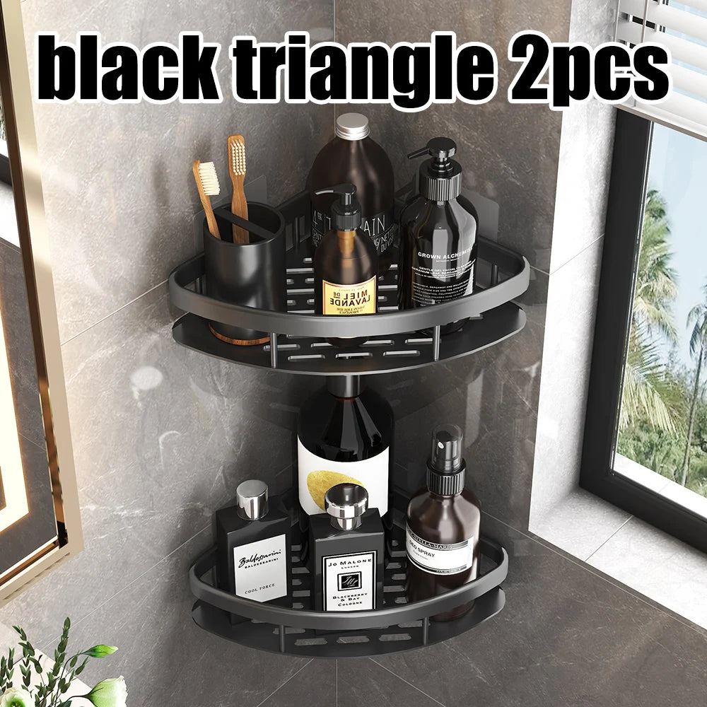 High Quality Wall Mounted Rectangular Rack Bathroom Storage Rack Towel Rack Wall Shower Shampoo Rack Drill Free Rack Tripod Qme Black-A-2PCS