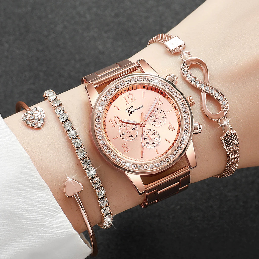 Elegant Sparkling Rhinestone Women Gift Set, GENEVA Gold Tone Chronograph Watch Matching Diamond Heart Infinity Jewelry Bracelet Qme Rose