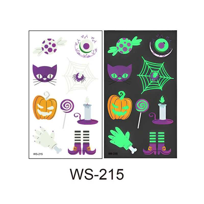 A Halloween Kids Toy Gift 6/8 Sheets Glowing Pumpkin Knife Fake Tattoos, Waterproof Body Stickers for Arm Hand Cosplay Decor Qme
