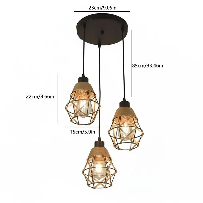 Vintage Hemp Rope Pendant Light Retro Loft Industrial Lighting Hanging Lamp Chandeliers Home Living Room Kitchen Decor Lampshade Qme 3light-Round