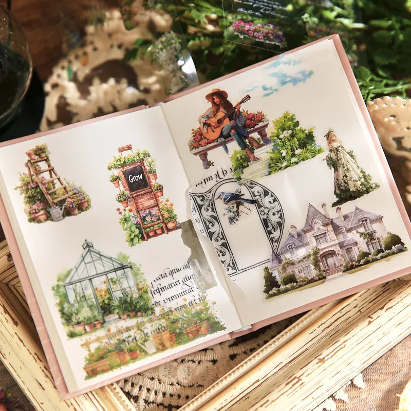 100pcs Large box Stickers Vintage Cartoon Character Flowers Decorative Adhesive Diy Scrapbooking Material Junk Journal Supplies Qme