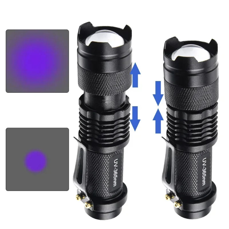 395/365nm UV Flashlight LED Ultraviolet Torch Zoomable Mini Ultra Violet Lights Inspection Lamp Pet Urine Stain Detector Tools Qme