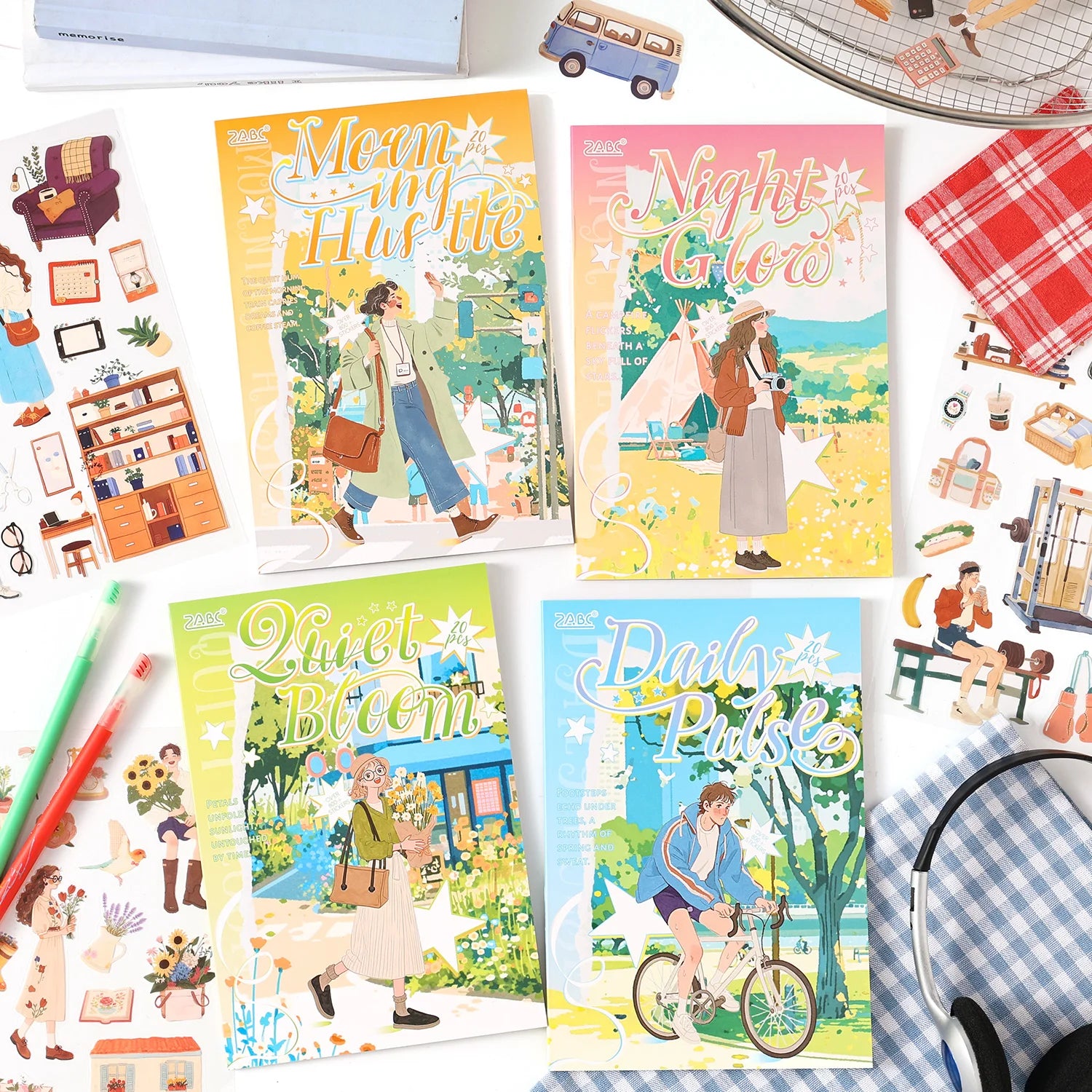 TIANZI 20pcs Cartoon Die Cut Stickers for Journal Planner DIY Scrapbooking Korean Stationery Stickers Decorative Laptop Student Qme ABCD