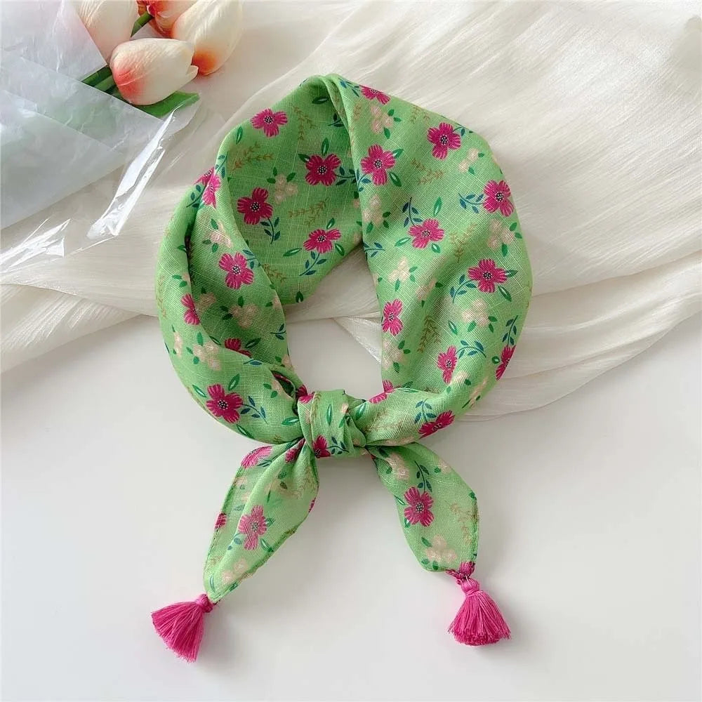 Neck Wrap Cotton-linen Square Scarf Fringed Breathable Hair Bandana Qme Style 4
