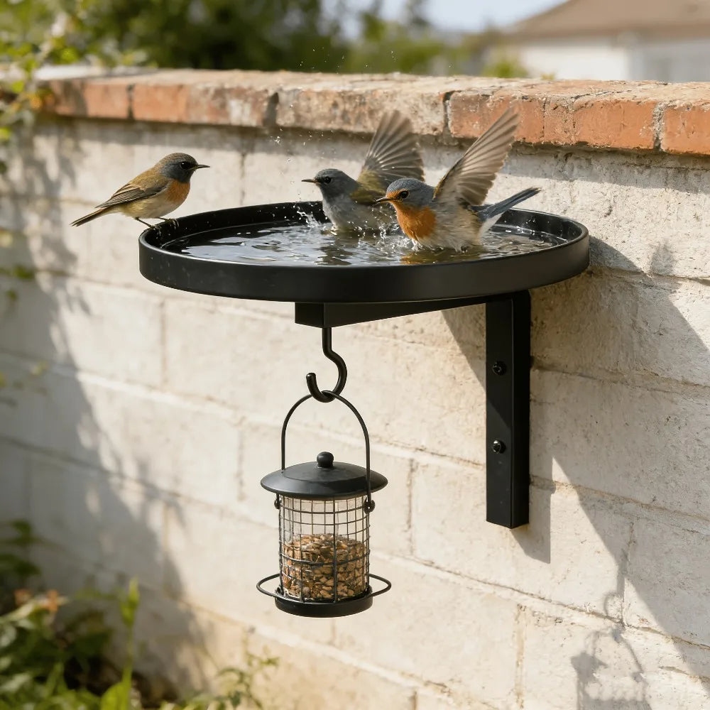 3-in-1 Wall Mounted Metal Bird Feeder Bath Plant Hook Rustic Garden Qme