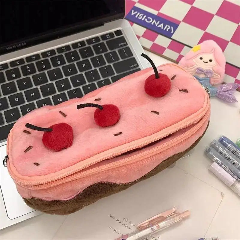 Kawaii Cherry Cake Design Stationery Organizer Plush Pencil Case Qme