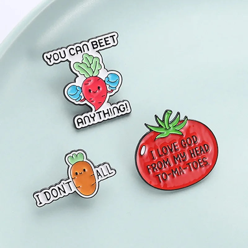 Cute Vegetable Tomato Carrot Metal Enamel Pins Cartoon Plant Lapel Pin Badge Decor for Clothes Hat Fashion Jewelry Party Gift Qme