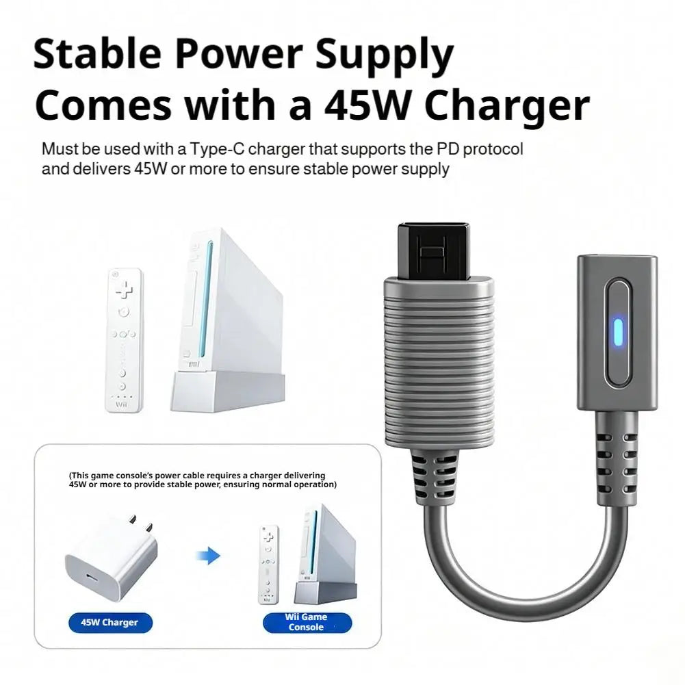 45W PD Type‑C Female to Wii Power Adapter Cable, 12cm Short Cord with Smart PD Decoy Chip, Stable Power Supply for Wii Console Qme