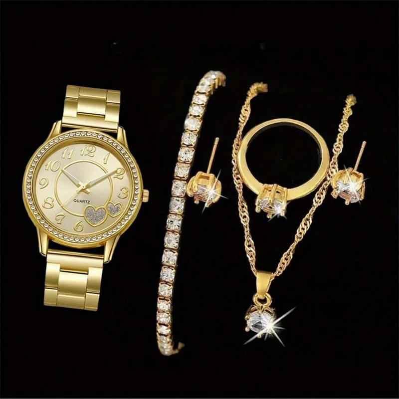 6pcs Leisure and Fashion Steel Belt Love Women's Watch Set Qme Golden set