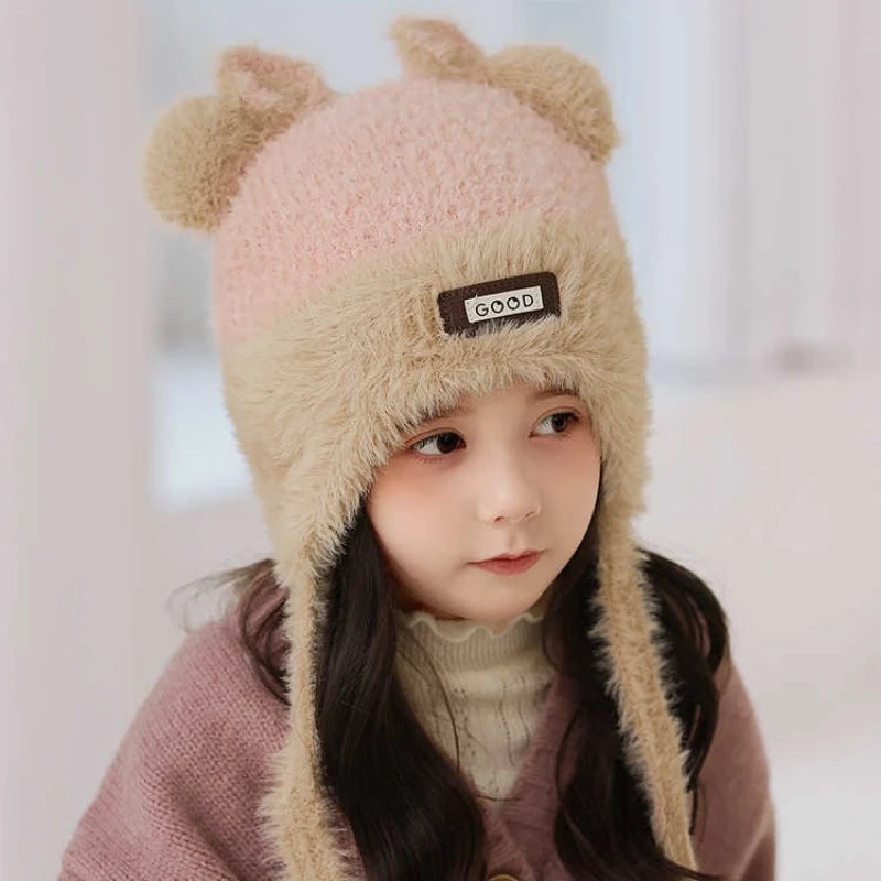 Girls' Winter Autumn Cute Bear Fleece-lined Warm Knitted Ear Qme