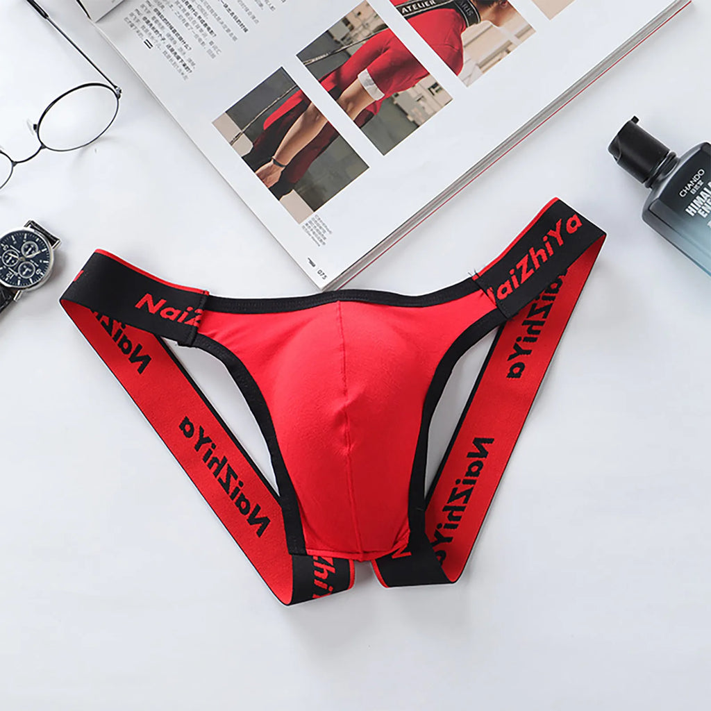 Male Fashion Sexy Letter Erotic Panties Thong Low Waist Casual Breathable T-Pants Bladder Soft and Comfortable Briefs Qme Red XXL