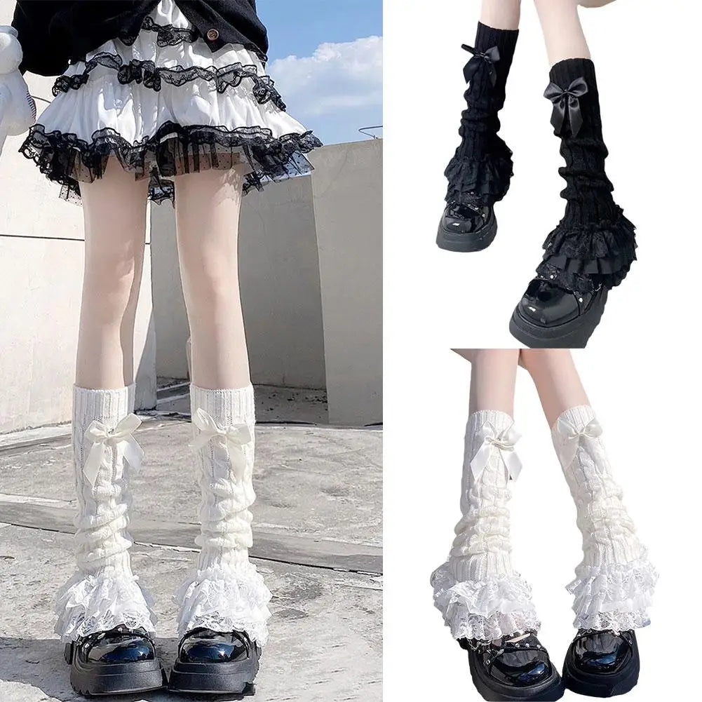 Japanese Women Knitted Leg Warmer Bow Tiered Ruffled Socks Girl Lace Lolita Socks Calf T-shaped Lace Leg Horn Warmers Women Qme