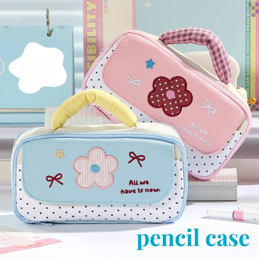 Cute Polka Dot Pencil Box Soft Handle Multi Pocket Stationery Bag Qme