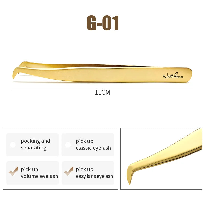 NATUHANA Anti-static Eyelash Extension Tweezer Gold Stainless Steel Qme G-01