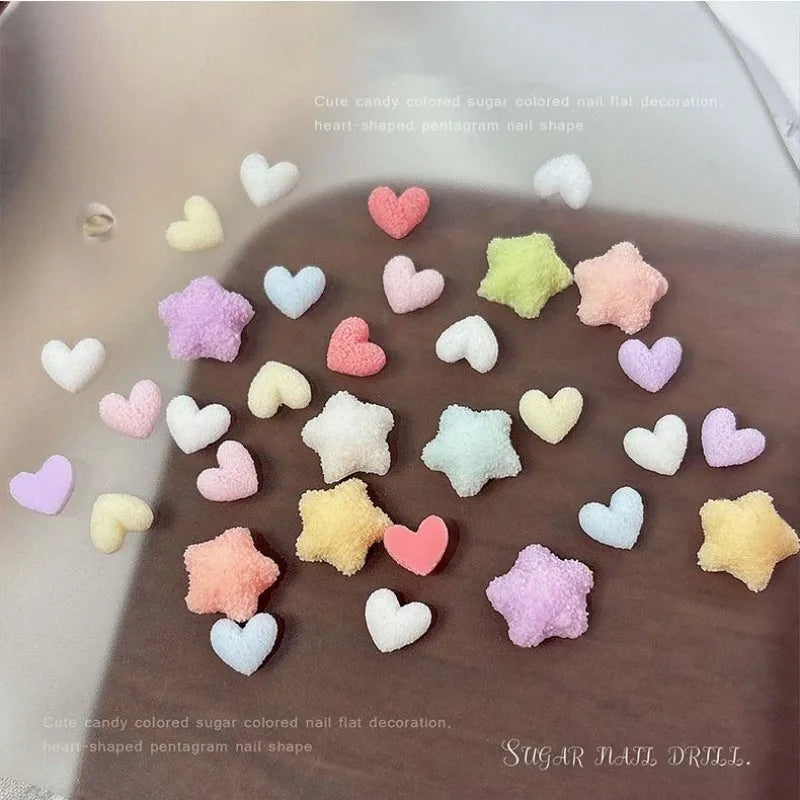 Candy Color Frosted Heart & Star Nail Charms, Sugar Texture Resin Rhinestones, Flat Back 3D Nail Art Decoration for DIY Manicure Qme