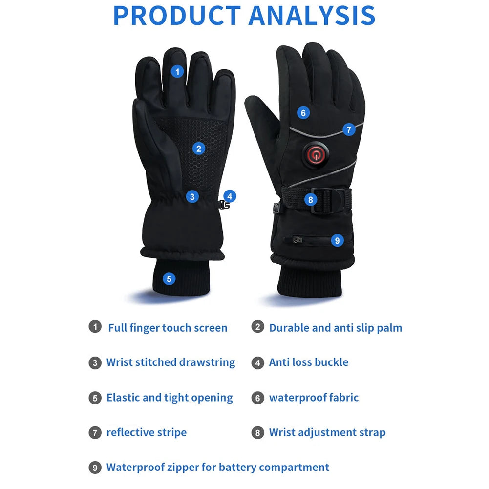 DC Plug in Winter Warm Electric Heated Gloves Heated Gloves Winter Ski Gloves Touch Screen Windproof Heated Gloves for Women Men Qme