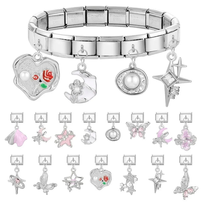 New 2026 Fashion Sweet Pink Moon Star Butterfly Pendant Italian Charm Links Fit 9MM Stainless Steel Bracelet DIY Making Gifts Qme