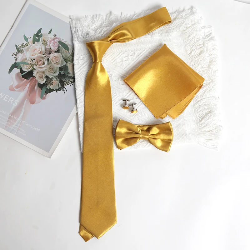 Mens Ties Classic Solid Gold Bow Paisley Necktie Pocket Square Qme