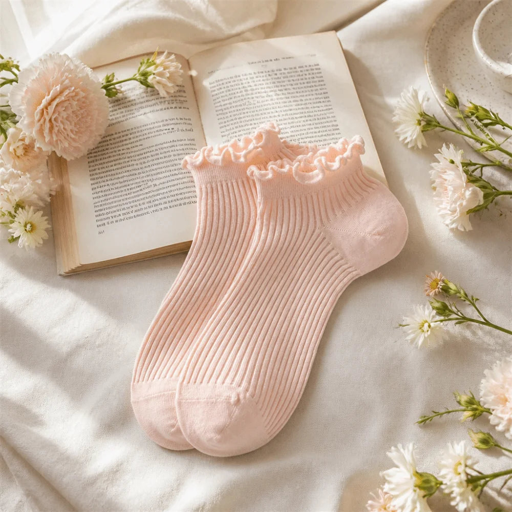 Korean Fashion Candy Ankle Socks Ruffle Mid-calf Women's Breathable Qme