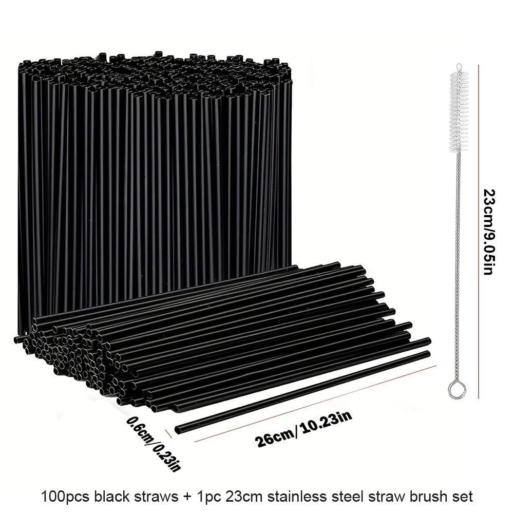 100Pcs Black Drinking Straws with Straw Brush Flexible Plastic Straw Reusable Milkshake Straws for Home Kitchen Qme