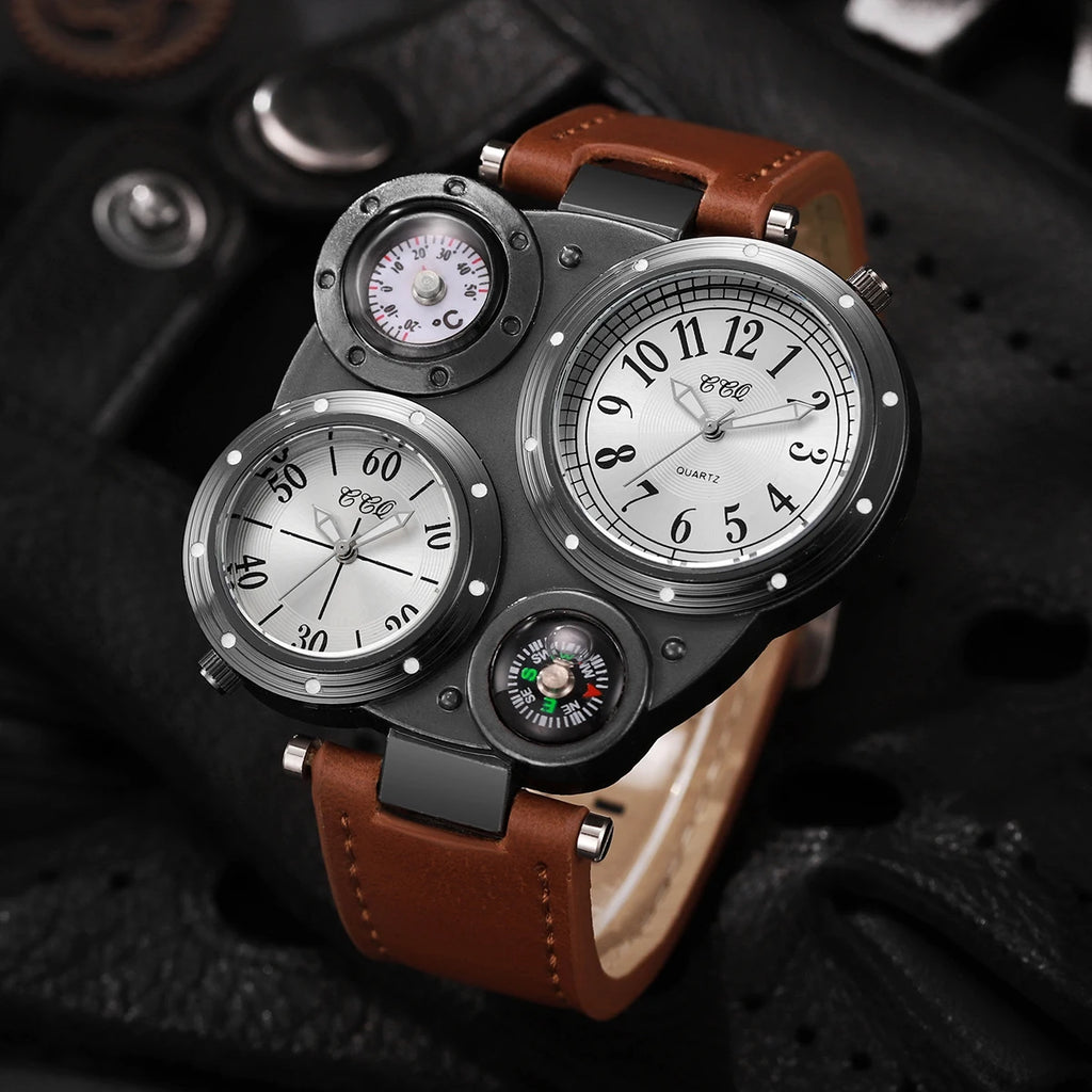 2 pçs/set luxo grande dial masculino relógios de quartzo casual pulseira de couro relógios de pulso esporte para homem 4 Qme Brown