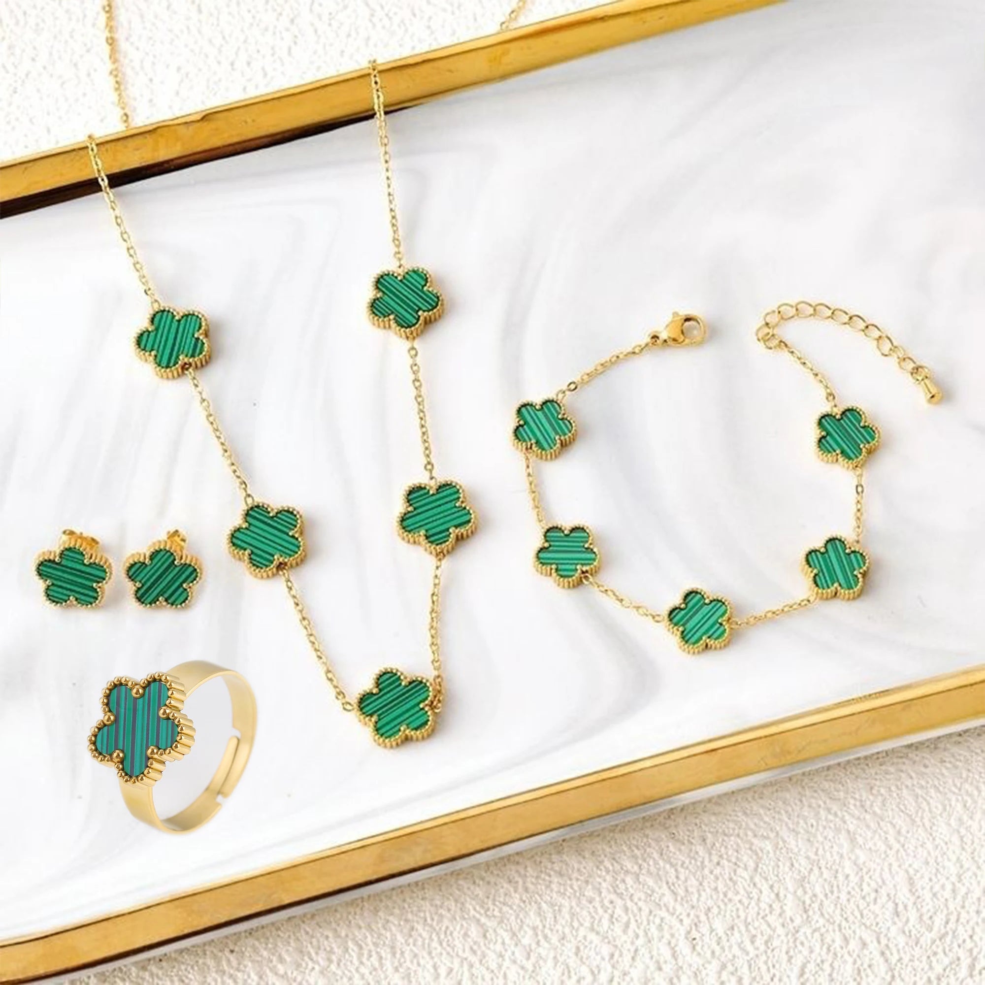 4Pcs 18k Gold-Plated Five-Leaf Flower Necklace Earrings Ring Bracelet Jewelry Set For Woman Party Jewelry Daily Wear Clover Gift Qme Jewelry Set 4