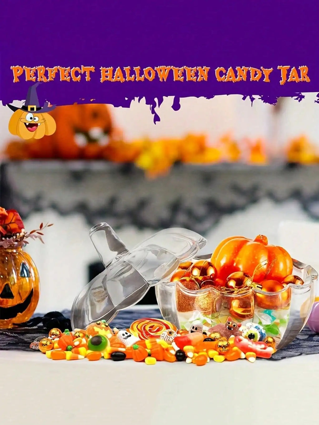 Halloween Pumpkin Candy Jar Lid Transparent Glass Food Container Qme