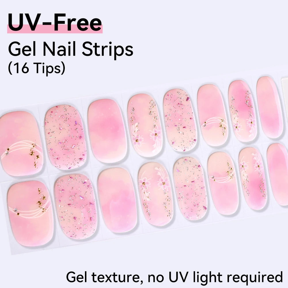 16Tips Pink Red French UV-Free Gel Nail Stickers Sparkly Shinning