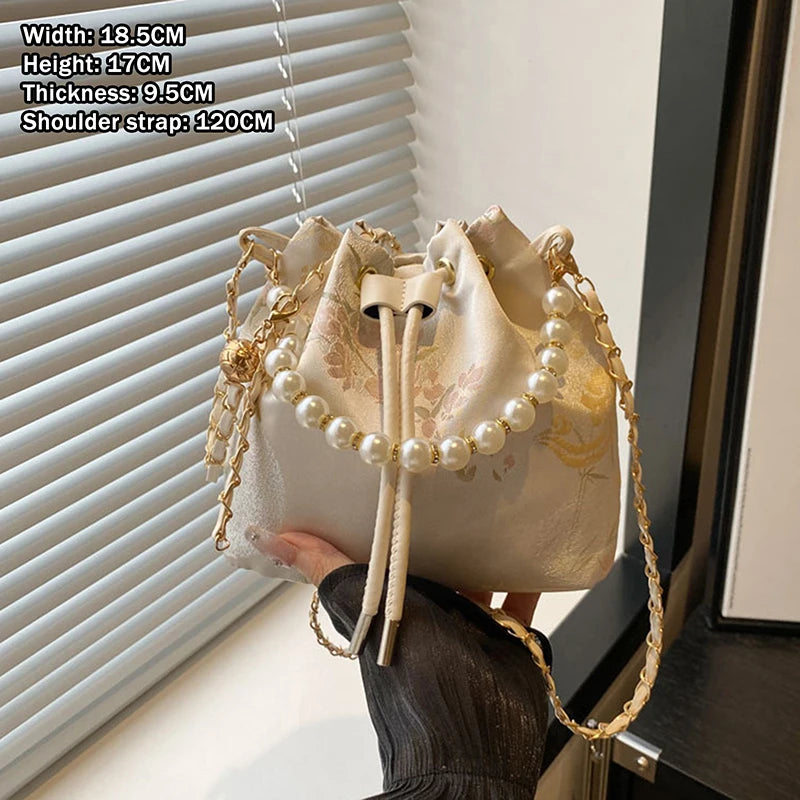 Pearl Chain Bucket Bag Women's Shoulder Bag Simple New Chinese Style Retro Crossbody Bag Qme White2