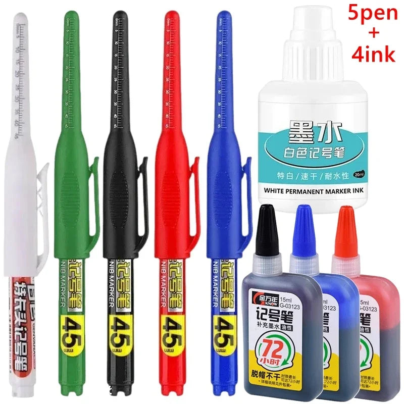 45mm Waterproof Long Head Nib Deep Hole Markers Pen Tile Carpenter Pen Multi-purpose for Woodworking Black/White/Red Ink Qme 5 pens 4 inks mix