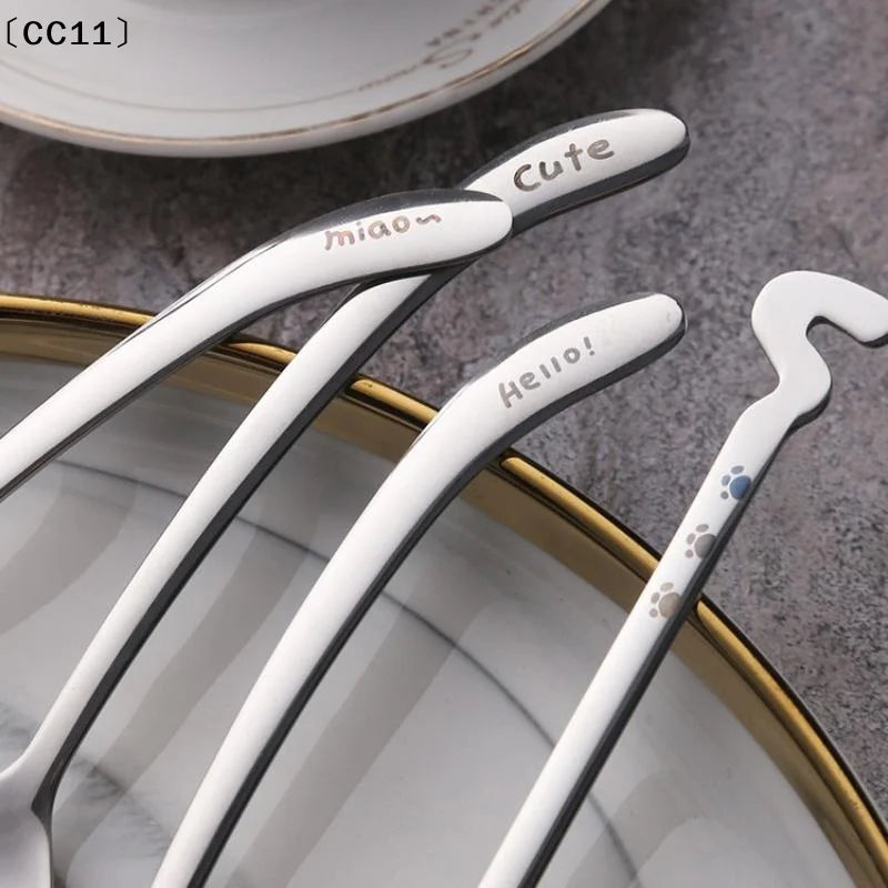 Stainless Steel Cute Cat Spoon Food Grade Cartoon Design Stirring Qme