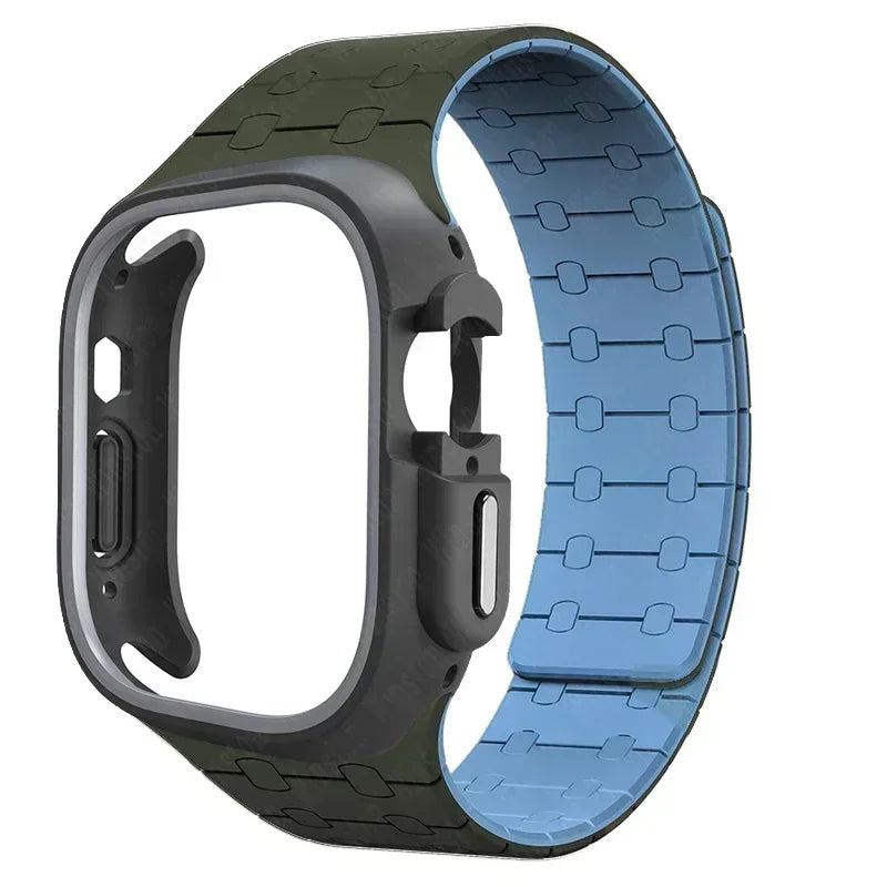 TPU Case+Silicone Strap for Apple Watch Band Ultra 2 49mm 45mm 44mm 41mm Protective Case Bracelet for Iwatch Series 9 8 7 6 5 4 Qme GreenU grey 44mm Series SE 456