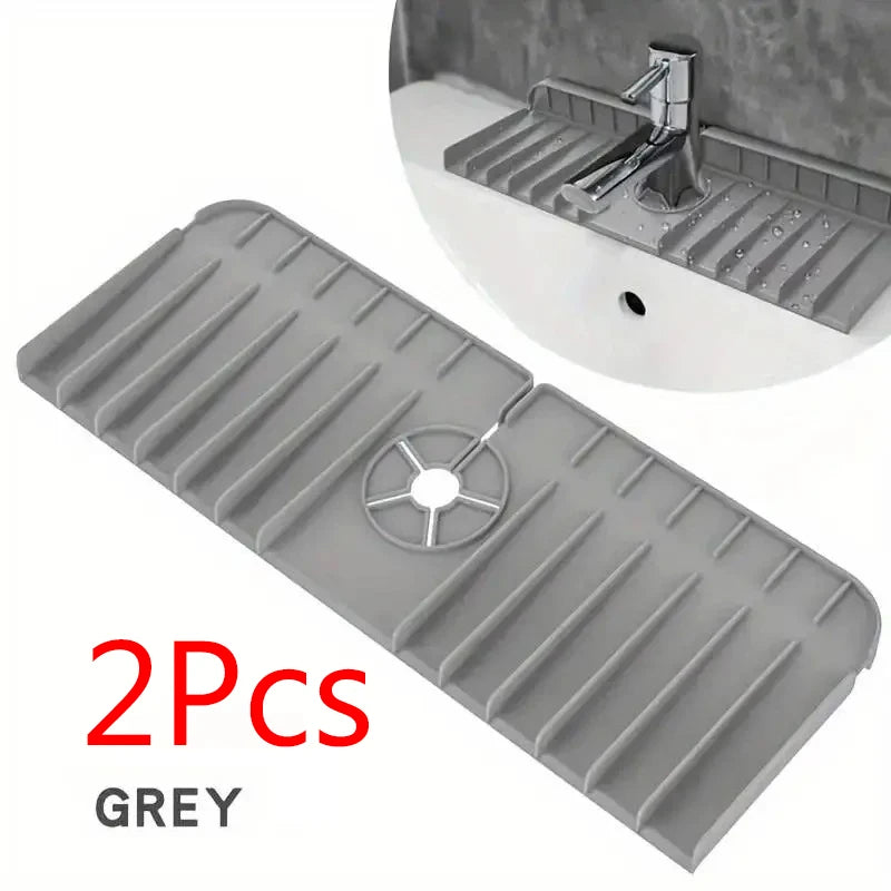 Silicone Faucet Mat Dish Soap Sponge Holder Sink Kitchen Countertop Drying Mat Bathroom Kitchen Sink Splash Guard Drain Pad Qme Grey-2PCS