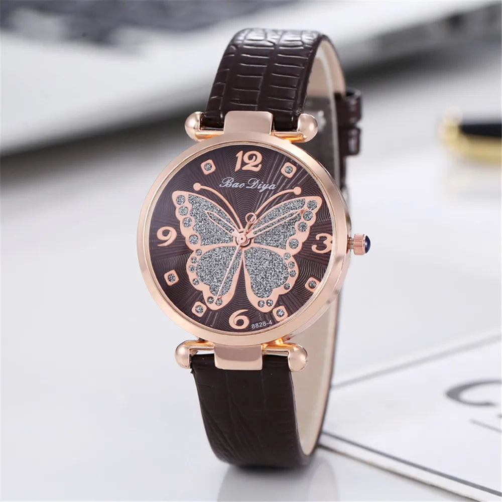 Casual Round Pointer Quartz Watch Cute Rhinestone Butterfly Pattern Dial Analog Dress Watch, Gift For Women Girls Qme Brown