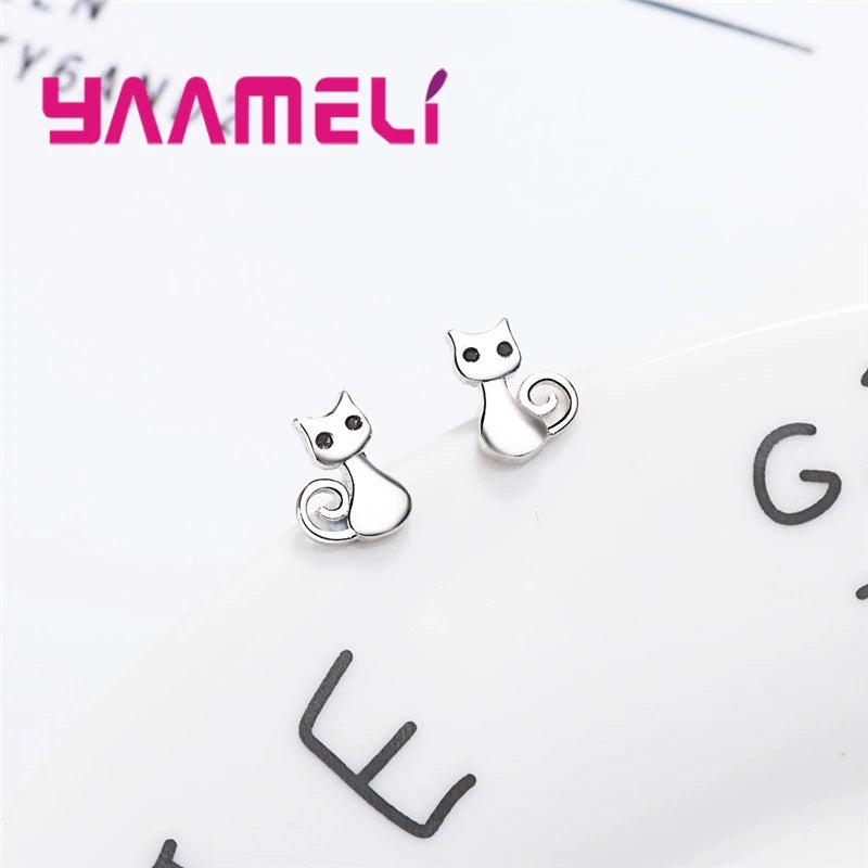 Cute Lovely Stud Earrings For Women Smart Cat Shape Jewelry Shiny Black Cubic Zirconia Top Quality 925 Sterling Silver Color Qme