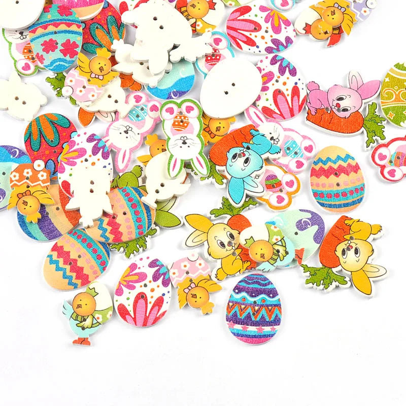 25pcs 1.8-3.5cm Easter Eggs/Bunny Cartoon Pattern Mixed Wooden Buttons For DIY Handmade Crafts Sewing Accessories Party Decor Qme