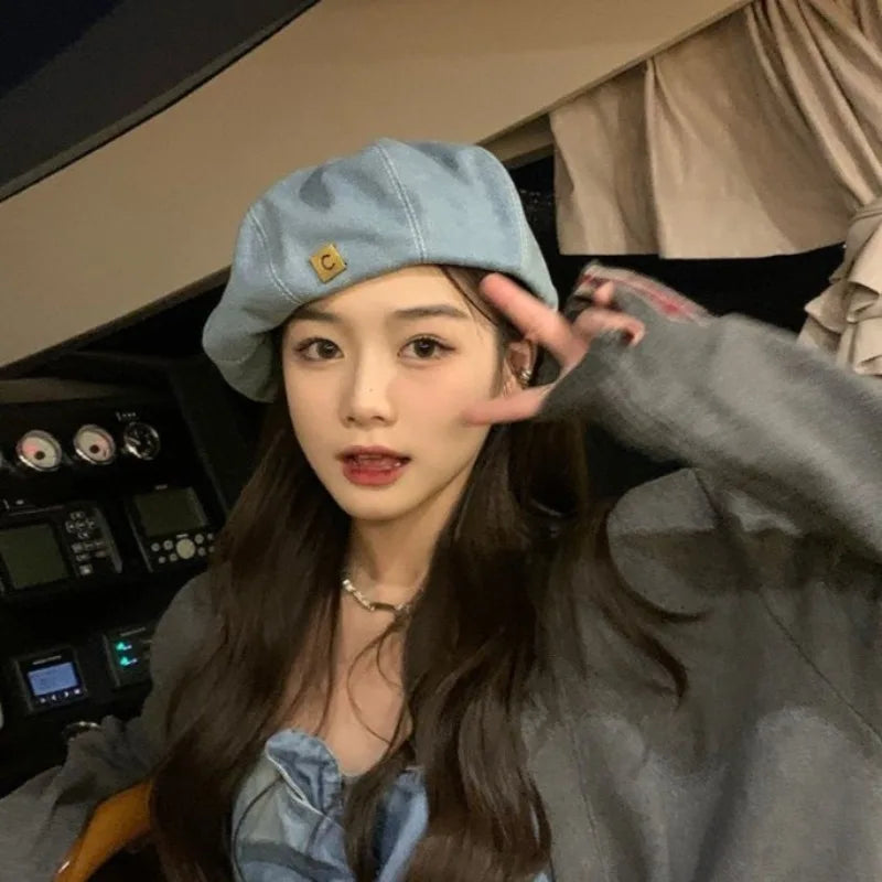 Vintage C-logo Painter's Hat Sweet Student Beret Denim Retro Cap Qme SKY BLUE