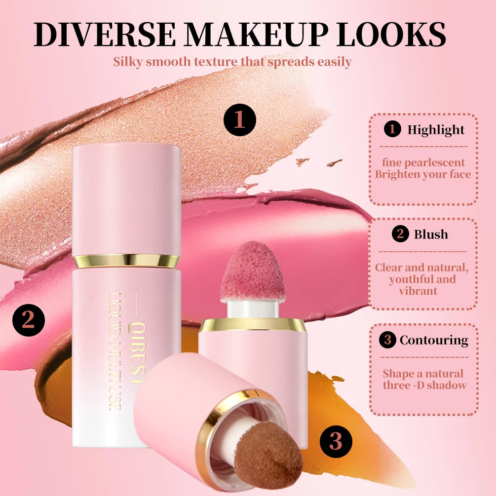 QIBEST Matte Face Liquid Blusher Smooth Cheek Eye Blush Highlighter Multi-Use Stick Rouge Lasting Liquid Contour Bronzer Makeup Qme