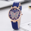 Casual Round Pointer Quartz Watch Cute Rhinestone Butterfly Pattern Dial Analog Dress Watch, Gift For Women Girls Qme Blue