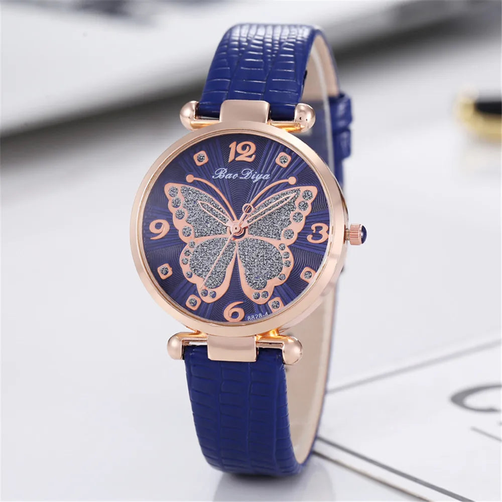 Casual Round Pointer Quartz Watch Cute Rhinestone Butterfly Pattern Dial Analog Dress Watch, Gift For Women Girls Qme Blue