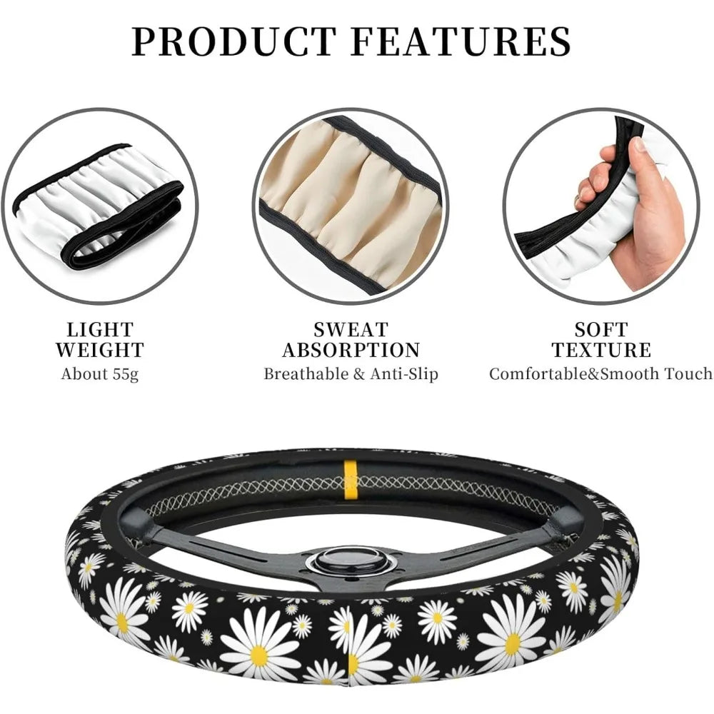 Universal Daisy Flower Print Car Steering Wheel Cover Elastic No Inner Ring Anti-slip Steering Protecto，Car Decor Accessories Qme