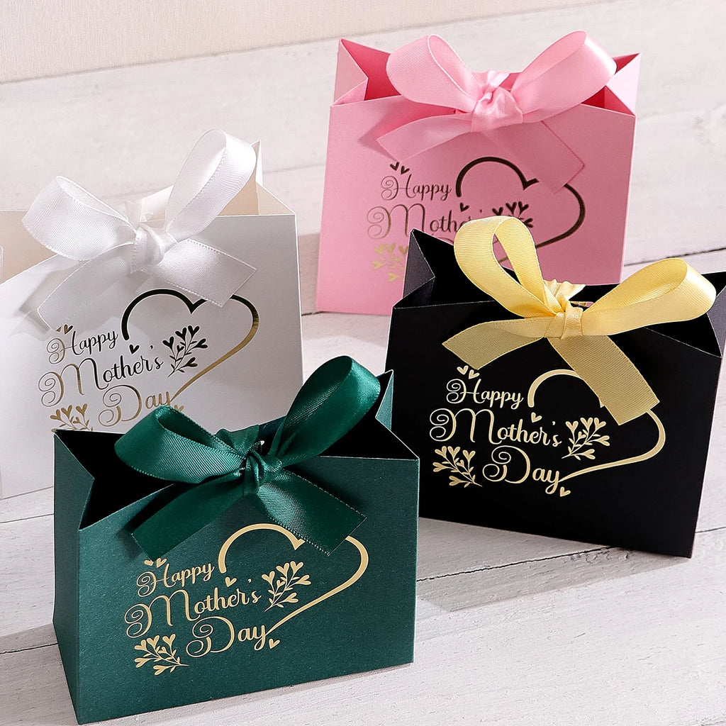5Pcs Mother's Day Gift Boxes - Small and Elegant Candy Boxes for Mother - Pink and White Design with Gold Paper Printing - Ribbo Qme
