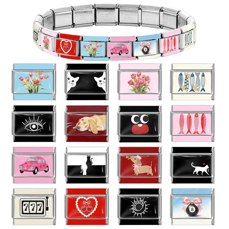 Wholesale Colorful Dog Cat Black Sun Moon Eye Italian Charm Links Fit 9mm Stainless Steel Bracelet Women Jewelry DIY Making Gift Qme