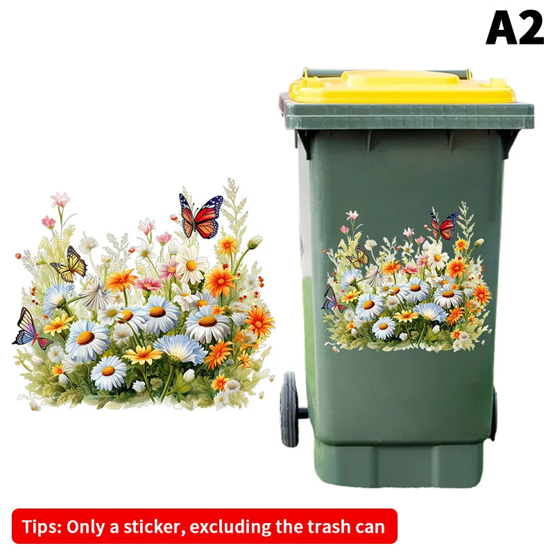 Trash Can Stickers Floral Wheel Self-adhesive Waterproof PVC Decals Qme A2